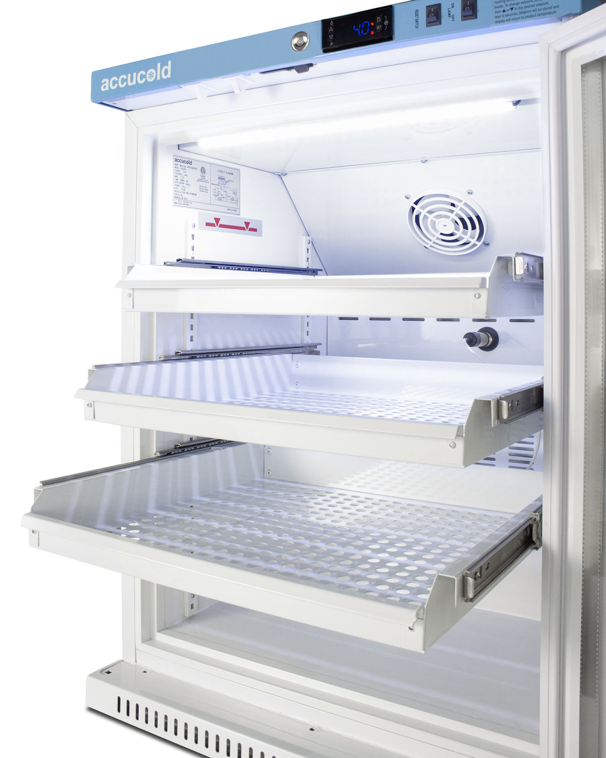 Performance series Med-Lab 6 cu.ft. freestanding glass door ADA height all-refrigerator with three ventilated removable drawers, with antimicrobial silver ion handle and hospital grade cord with 'green dot' plug